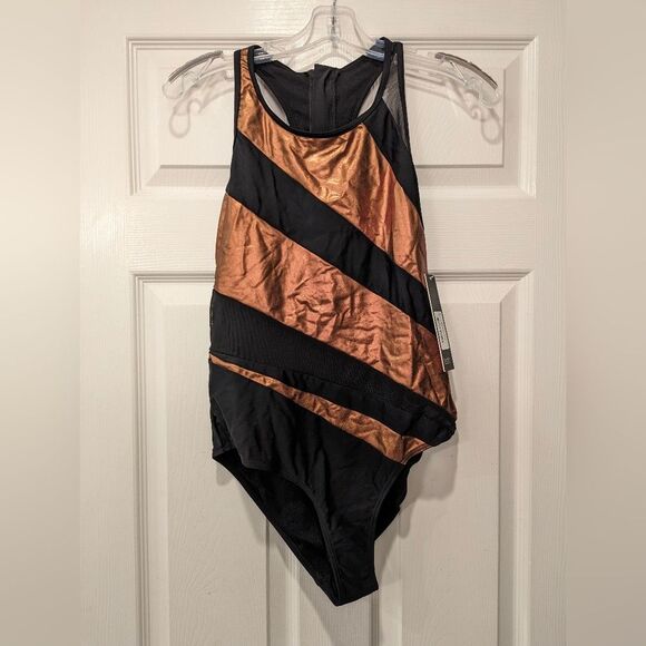 NWT Nicole Miller black gold metallic One Piece back zipper mech Swimsuit Sz 10 - Picture 1 of 5